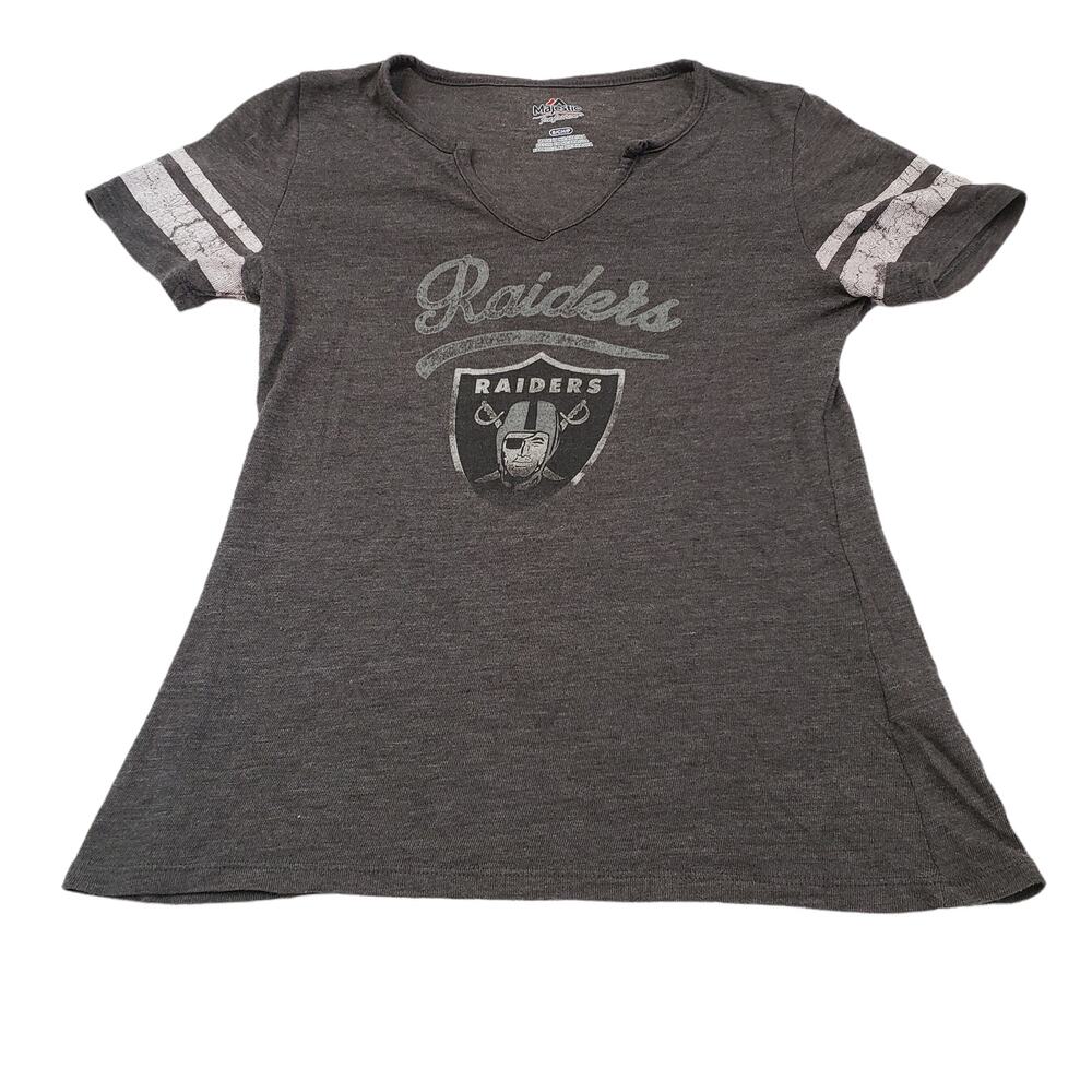 Majestic Raiders Football Shirt Womens Small V Neck Gray White T Shirt